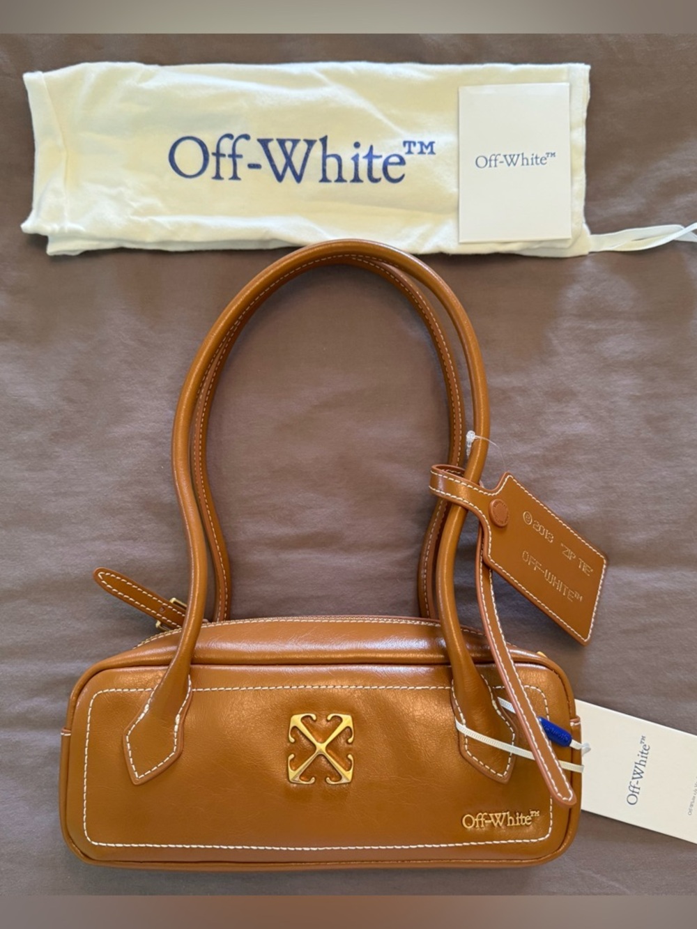 Off-White East West Shoulder Bag in Camel Tan Brown purse NEW NWT